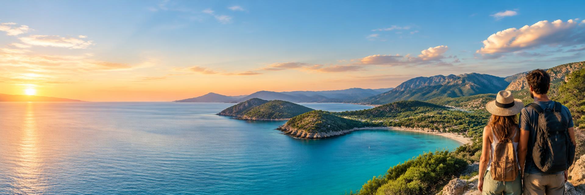 Travellers overlooking a sunlit coastal bay
